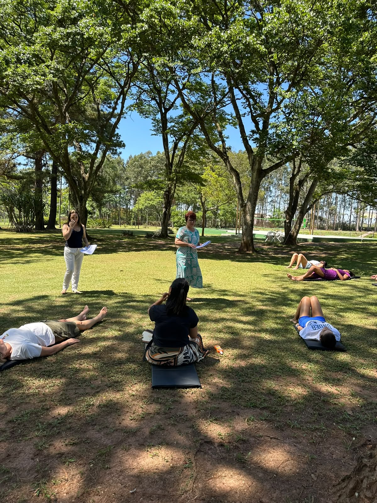 Grupo em meditação guiada sobre o gramado, à sombra das árvores